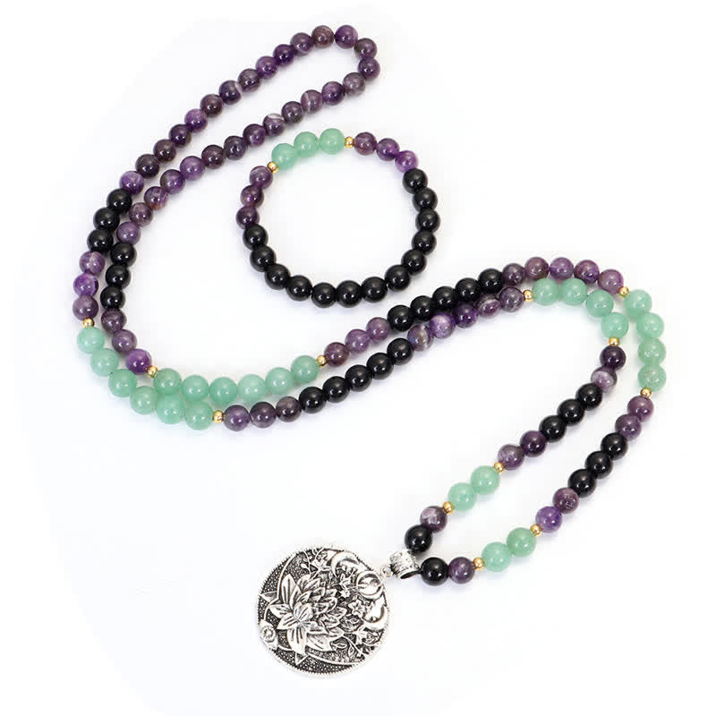 Wear FengShui 108 Mala Beads Amethyst Green Aventurine Lotus Meditation Bracelet