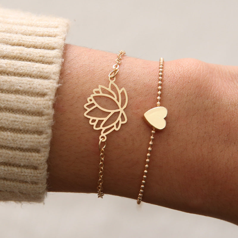 Wear FengShui 2Pcs Lotus Flower Love Heart Enlightenment Bracelet