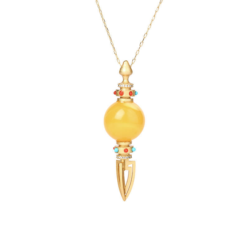 Wear FengShui 24K Gold Plated Amber Dorje Vajra Clear Anxiety Necklace Pendant