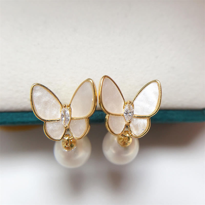 Wear FengShui 925 Sterling Silver Posts 18K Gold Plated Copper Pearl Butterfly Optimism Stud Earrings