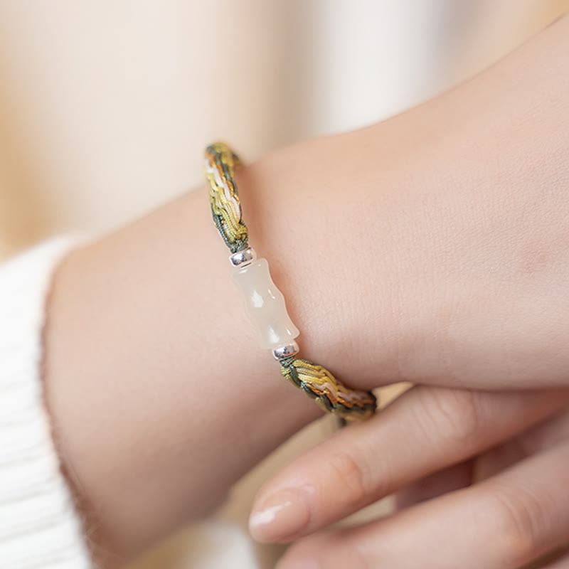 Wear FengShui White Jade Bamboo Reincarnation Knot Wealth Luck Strength String Bracelet