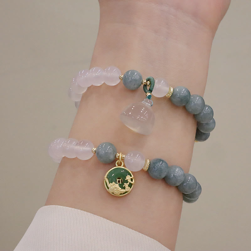Wear FengShui White Agate Jade Lotus Flower Peace Buckle Protection Bracelet