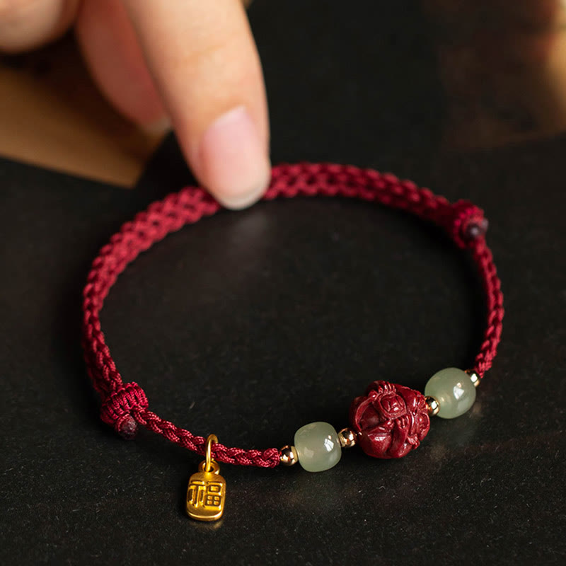 Wear FengShui Natural Cinnabar Chinese Zodiac Hetian Jade Fu Character Luck Rope Bracelet
