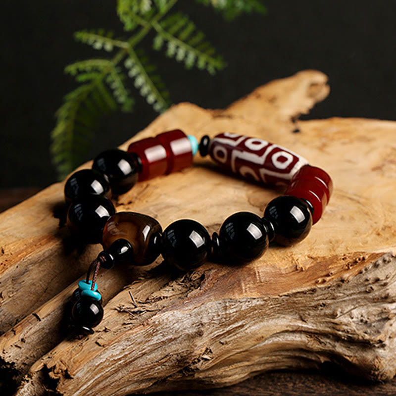 Wear FengShui Tibetan Nine-Eye Dzi Bead Black Onyx Wealth Protection Bracelet