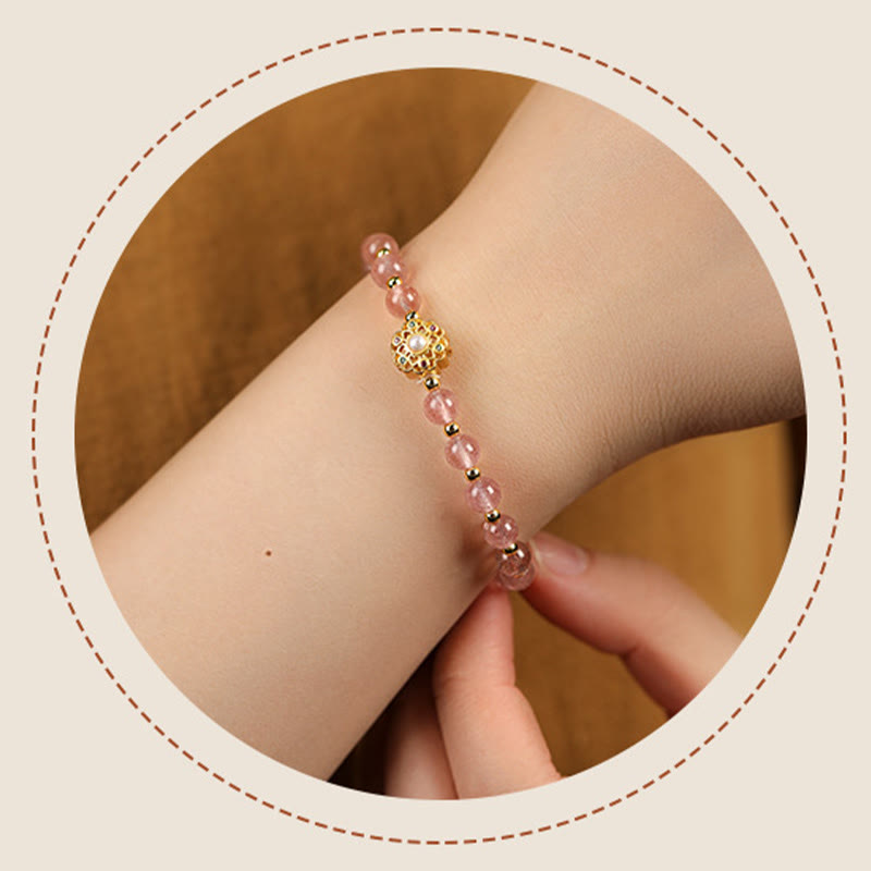 Wear FengShui 14K Gold Plated Natural Strawberry Quartz Labradorite Sun Stone Fu Character Positive Charm Bracelet