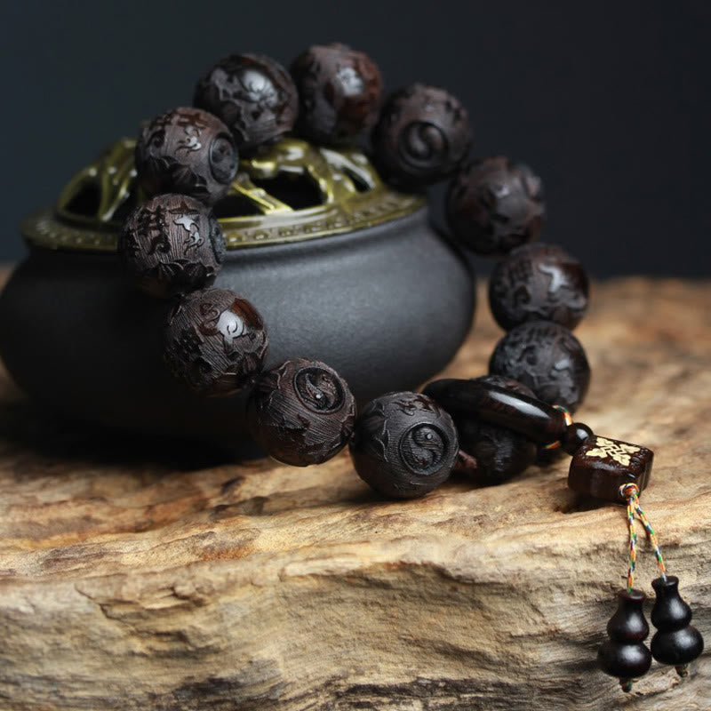 Wear FengShui Ebony Wood Chinese Character Yin Yang Engraved Gourd Balance Bracelet