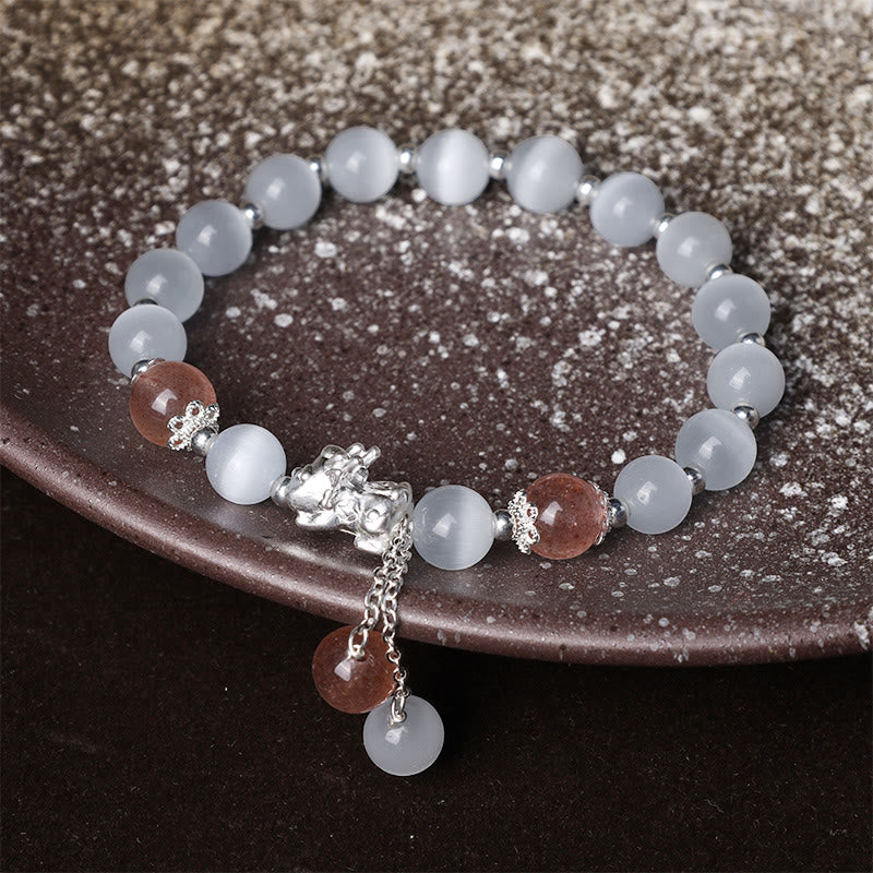 Wear FengShui Natural Cat's Eye Moonstone Strawberry Quartz PiXiu Support Bracelet