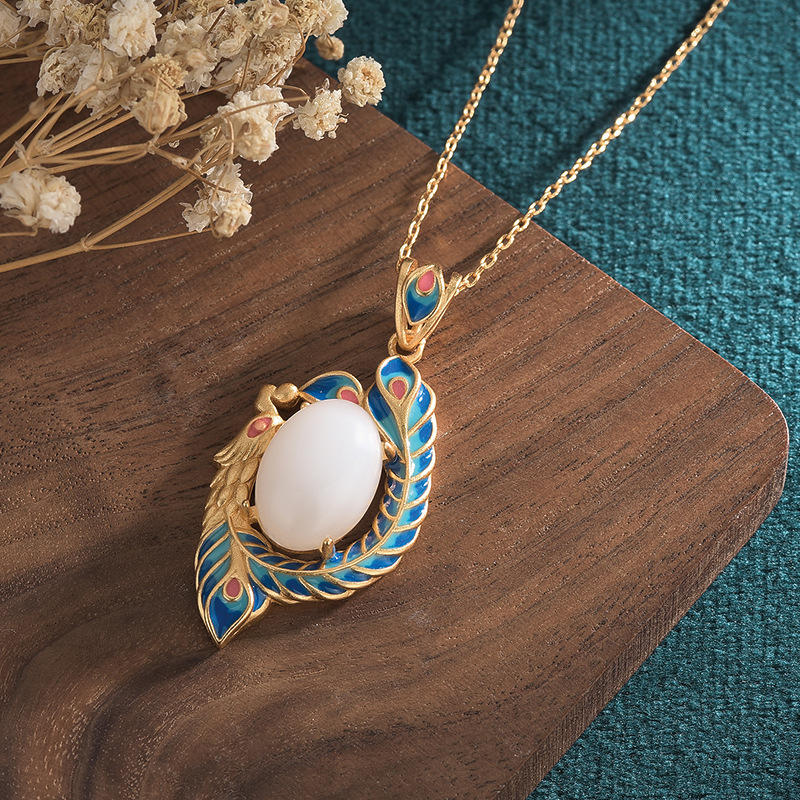 Wear FengShui White Jade Peacock Copper Blessing Necklace Pendant
