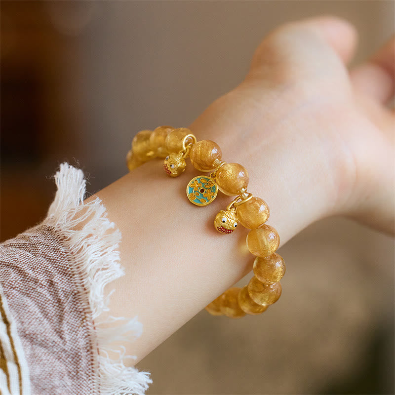 Wear FengShui Gold Swallowing Beast Copper Coin Good Luck Charm Liuli Glass Bead Fortune Bracelet