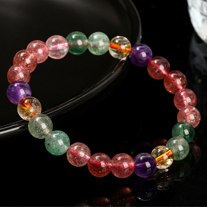 Wear FengShui Natural Multicolored Strawberry Quartz Love Healing Beaded Bracelet