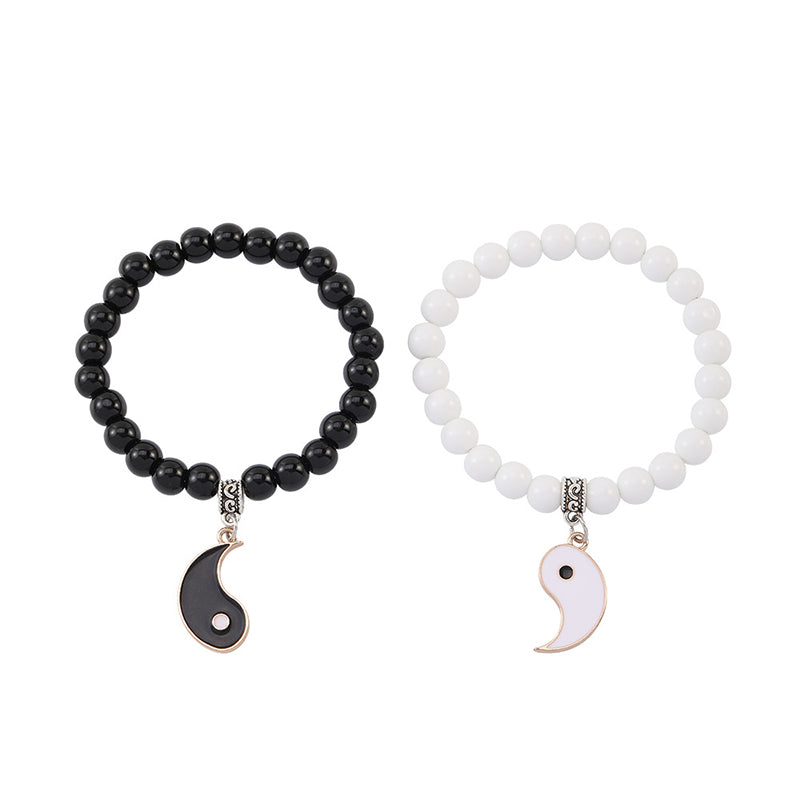 Wear FengShui 2Pcs Black Onyx White Turquoise Bead Yin Yang Protection Couple Bracelet