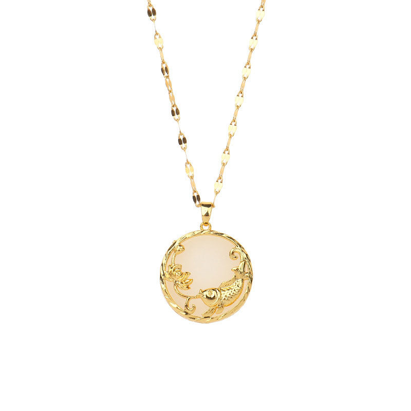 Wear FengShui Natural Jade Koi Fish Lotus Luck Necklace Pendant