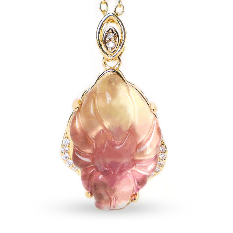 Wear FengShui Natural Colorful Fluorite Nine Tailed Fox Protection Necklace Pendant