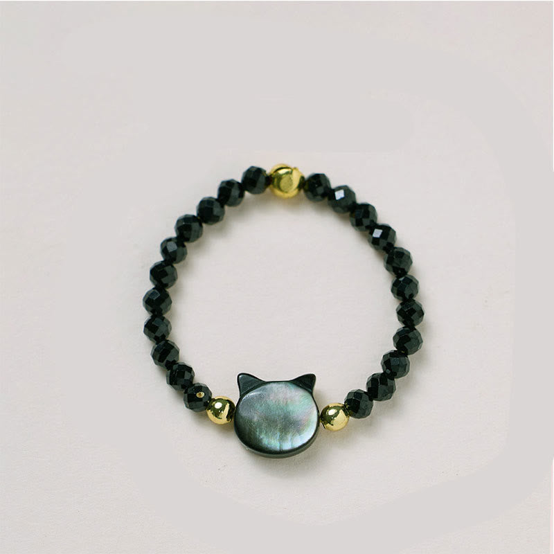 Wear FengShui Natural Tridacna Stone Lovely Cat 14K Gold Plated Blessing Ring