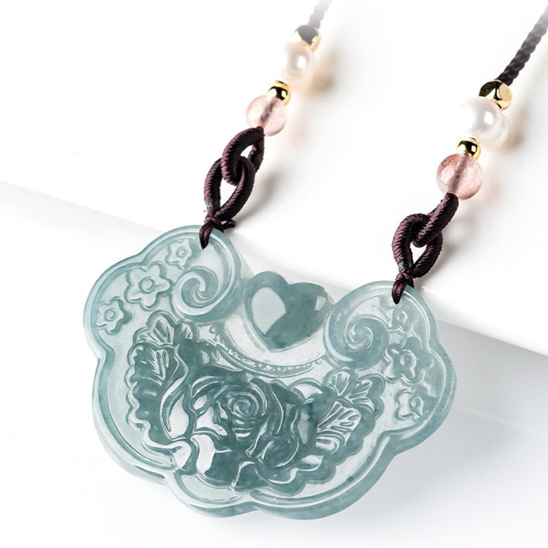 Wear FengShui Natural Jade Peony Flower Lock of Good Wishes Prosperity Necklace Pendant