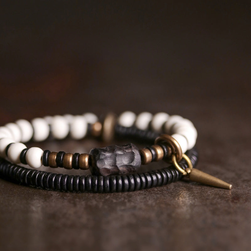 Wear FengShui Bone Beads Ebony Wood Copper Strength Couple Bracelet