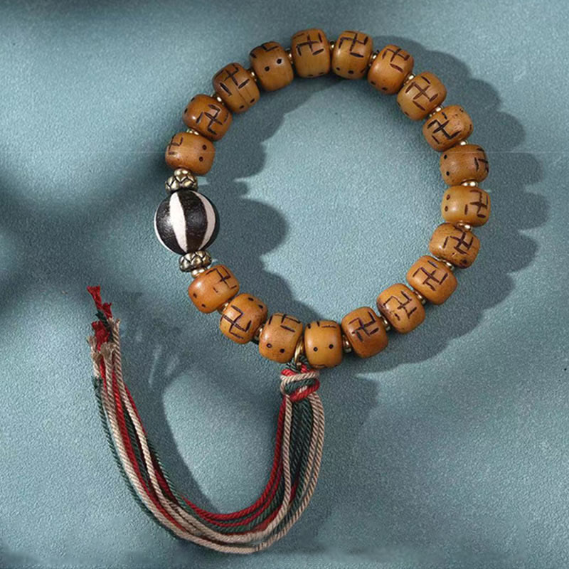 Wear FengShui Natural Tibetan Camel Bone Swastika Dzi Bead Shankha Buddha Charm Kirtimukha Luck Protection Tassel Bracelet