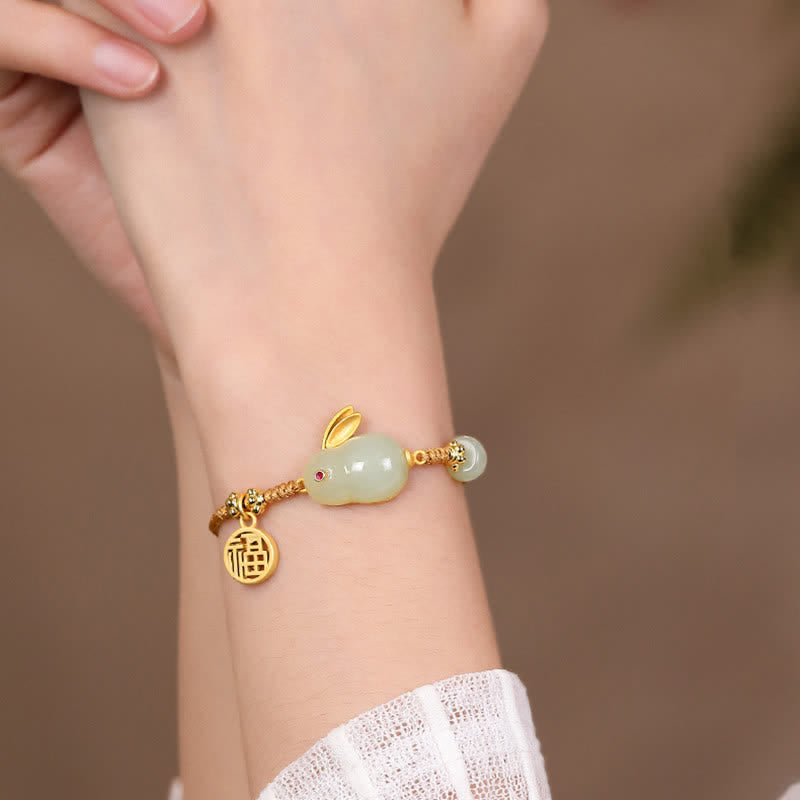 Wear FengShui Year of the Rabbit Hetian Jade Happiness Blessing Wealth String Bracelet