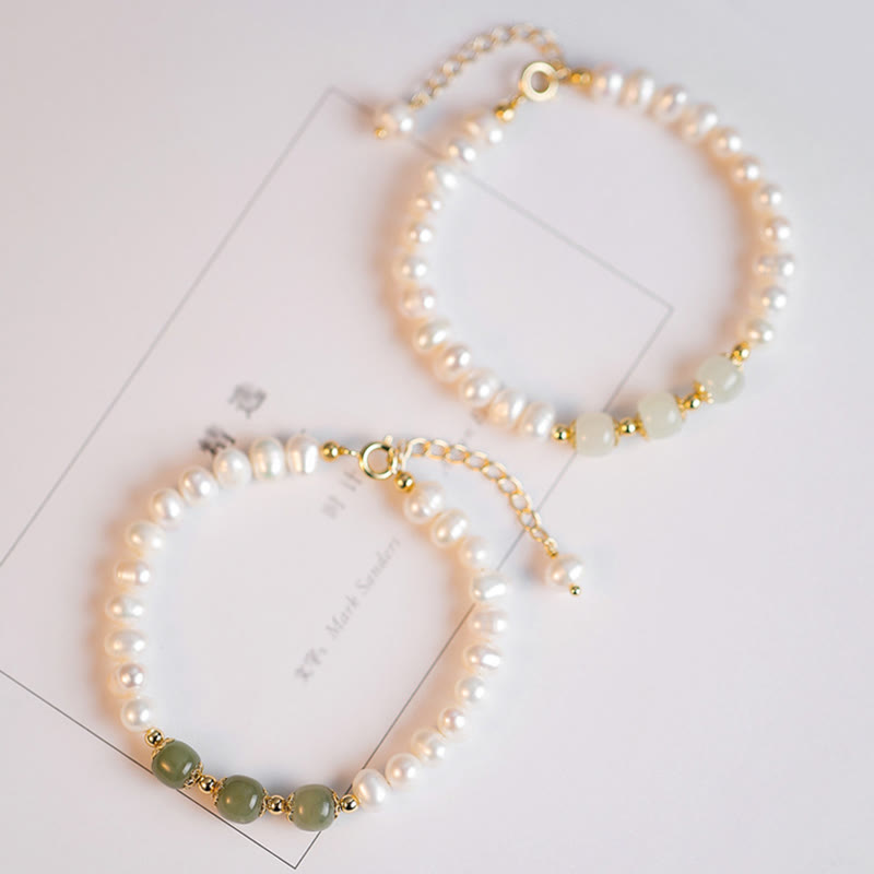 Wear FengShui 14K Gold Plated Natural Pearl Hetian Cyan Jade White Jade Sincerity Bead Chain Bracelet