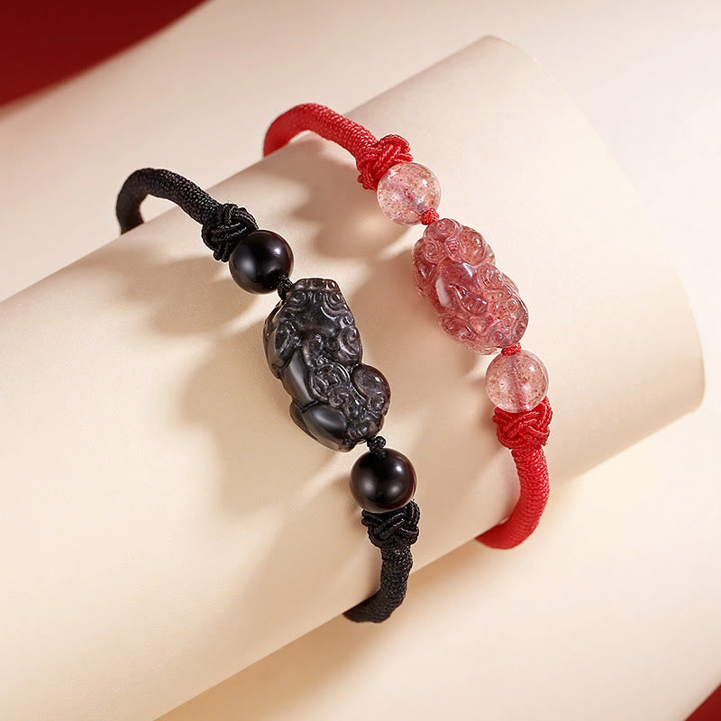 Wear FengShui Handmade Natural Silver Sheen Obsidian Strawberry Quartz PiXiu Protection Braided Bracelet