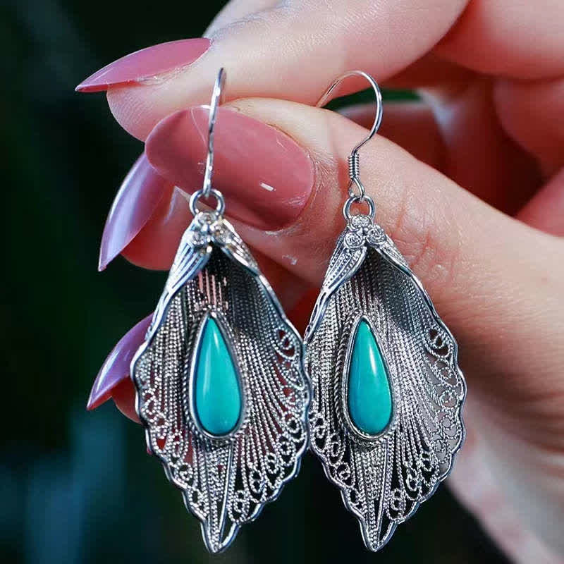 Wear FengShui 925 Sterling Silver Turquoise Bodhi Leaf Pattern Protection Drop Dangle Earrings