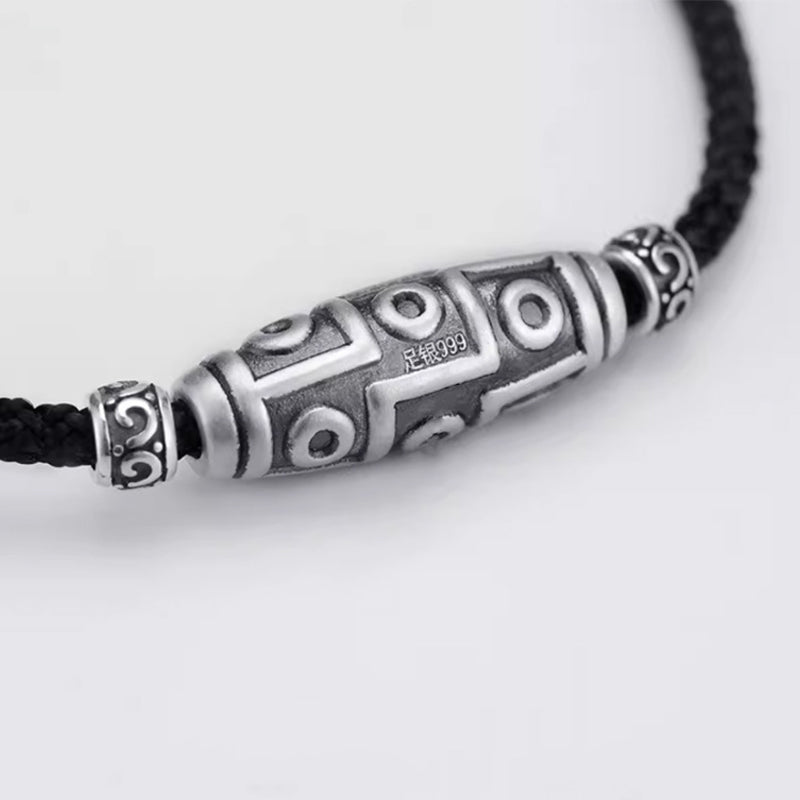 Wear FengShui 999 Sterling Silver Nine-Eye Dzi Bead Pattern Protection Rope Necklace Pendant