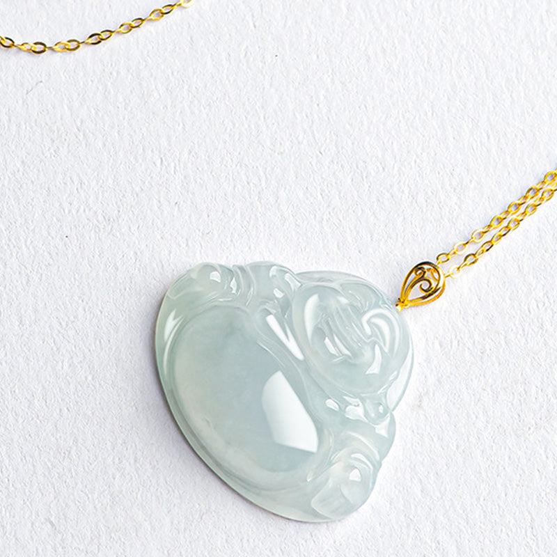 Wear FengShui Laughing Buddha Natural Jade Abundance Titanium Steel Chain Necklace Pendant