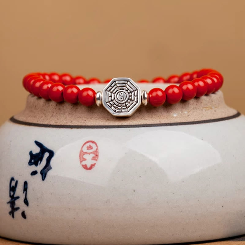 Wear FengShui 925 Sterling Silver Yin Yang Bagua Symbol Cinnabar String Concentration Bracelet