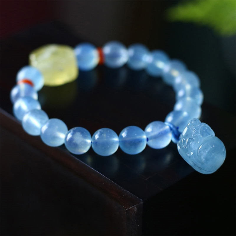 Wear FengShui Natural Aquamarine Amber Pixiu Peace Healing Charm Bracelet