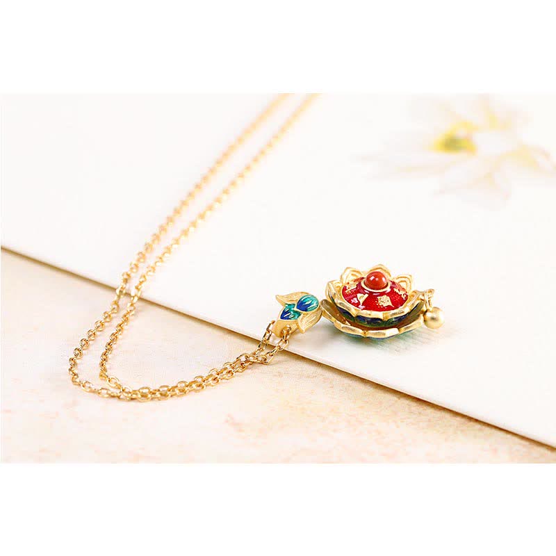 Wear FengShui 925 Sterling Silver Tibet Lotus Prayer Wheel Red Agate Enlightenment Necklace Pendant