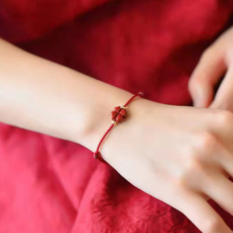 Wear FengShui Natural Cinnabar Four Leaf Clover Blessing Red String Bracelet Anklet