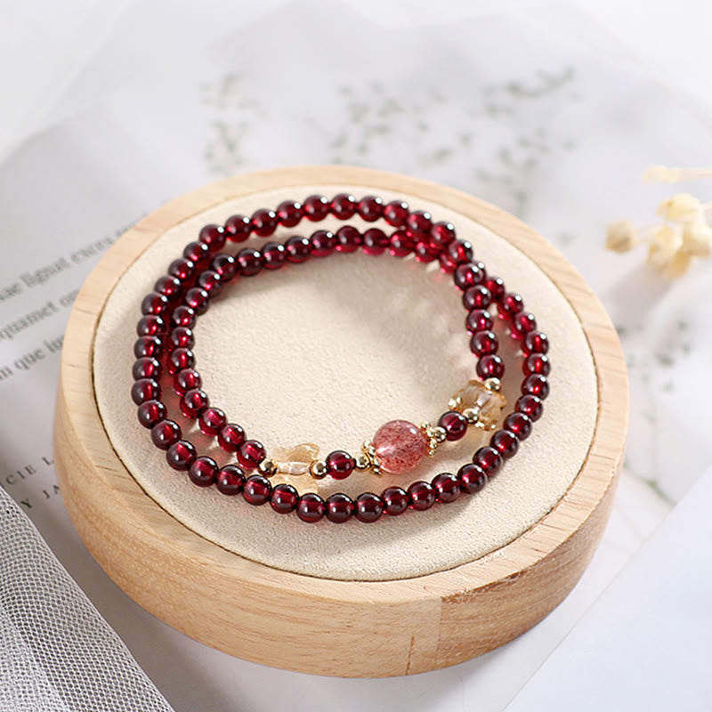 Wear FengShui 14K Gold Plated Natural Garnet Strawberry Quartz Butterfly Protection Double Wrap Bracelet