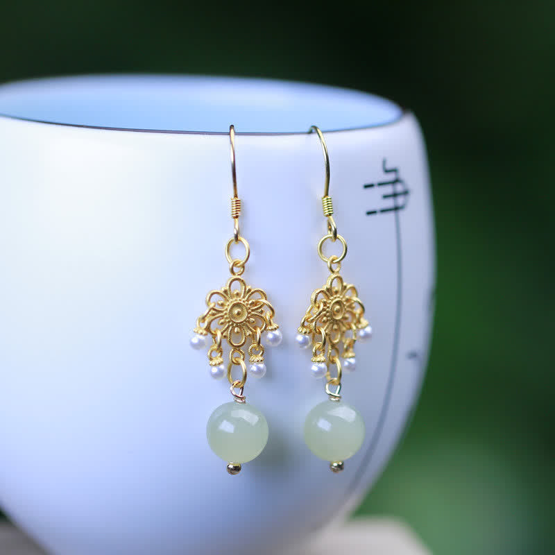 Wear FengShui Hetian Jade Flower Pattern 14K Gold Plated Luck Drop Dangle Earrings