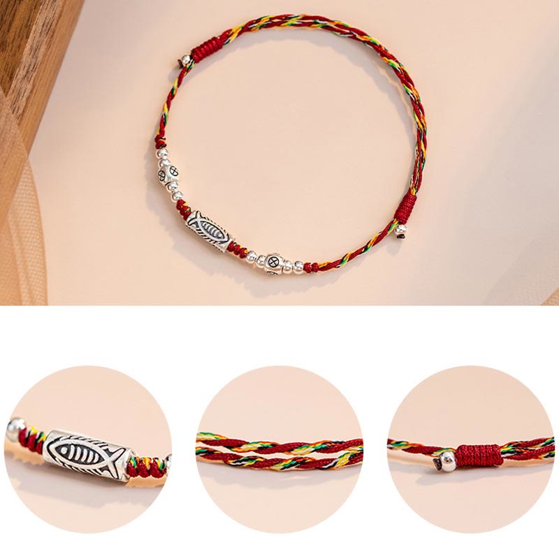 Wear FengShui 925 Sterling Silver Luck Koi Fish Braided Colorful String Bracelet Anklet