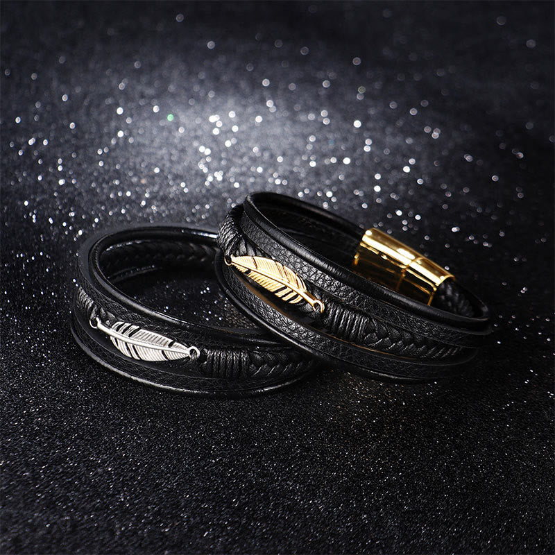 Wear FengShui Feather Pattern Multilayer Leather Titanium Steel Calm Braided Magnetic Buckle Bracelet