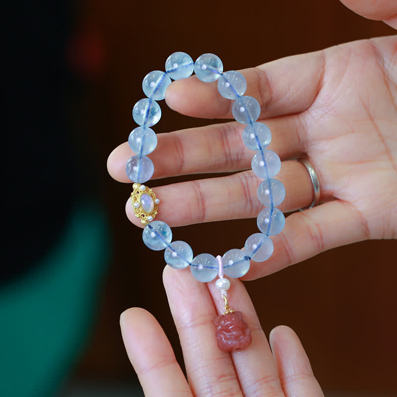Wear FengShui Natural Aquamarine Red Agate Pearl Beads Healing Charm Bracelet