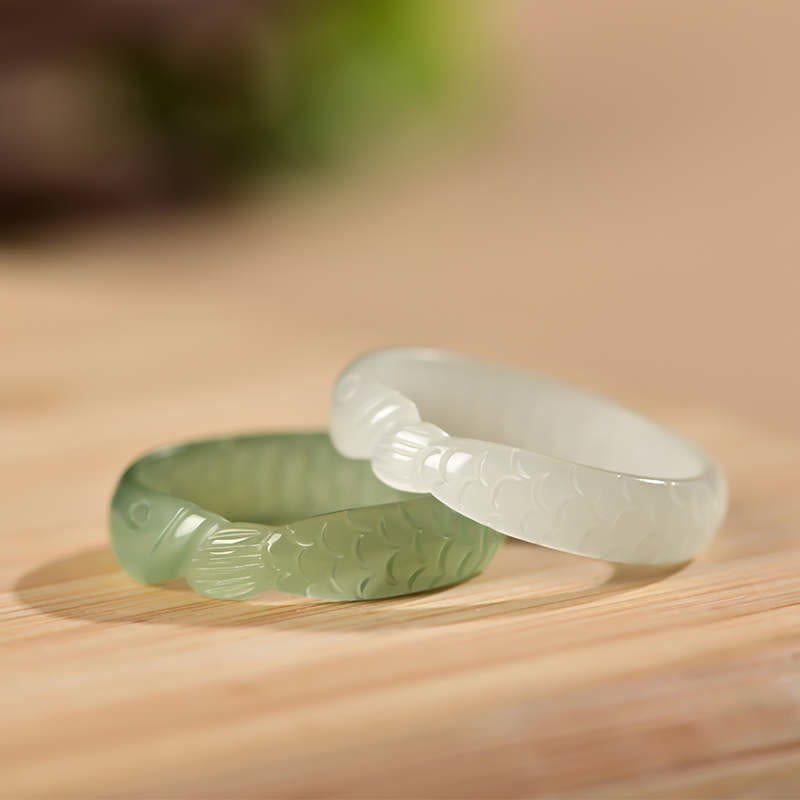 Wear FengShui Hetian White Jade Cyan Jade Koi Fish Success Luck Ring