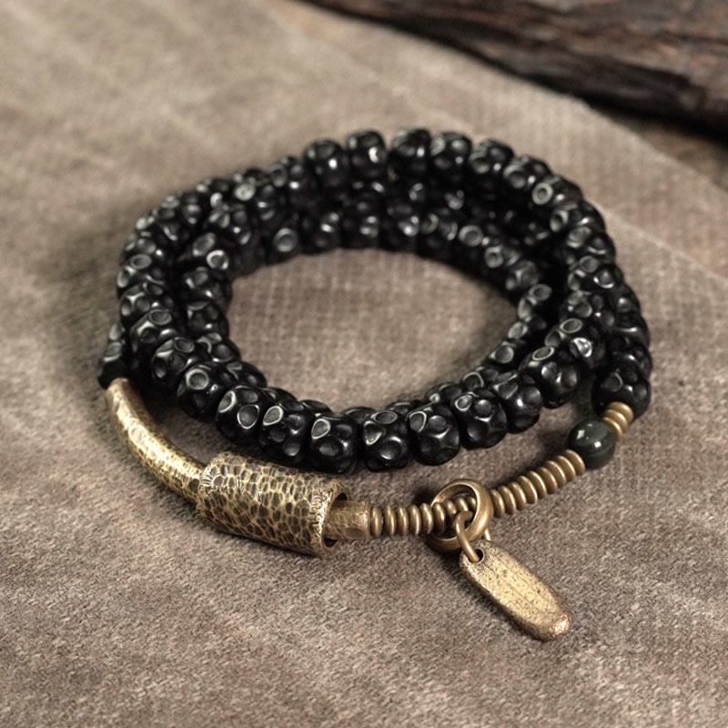Wear FengShui Retro Coconut Shell Brass Copper Happiness Triple Wrap Bracelet