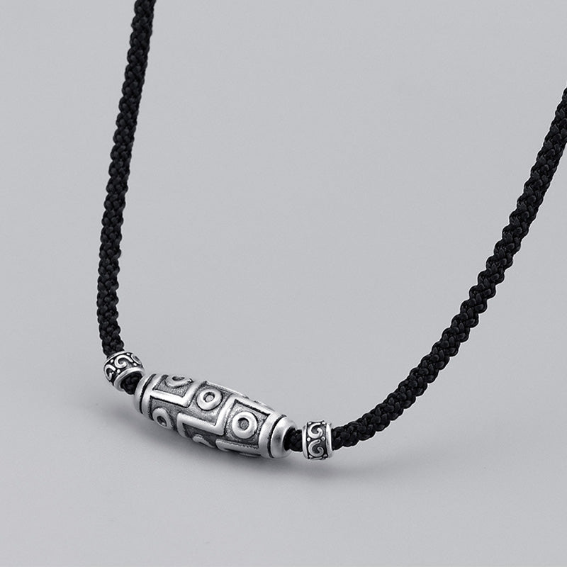 Wear FengShui 999 Sterling Silver Nine-Eye Dzi Bead Pattern Protection Rope Necklace Pendant