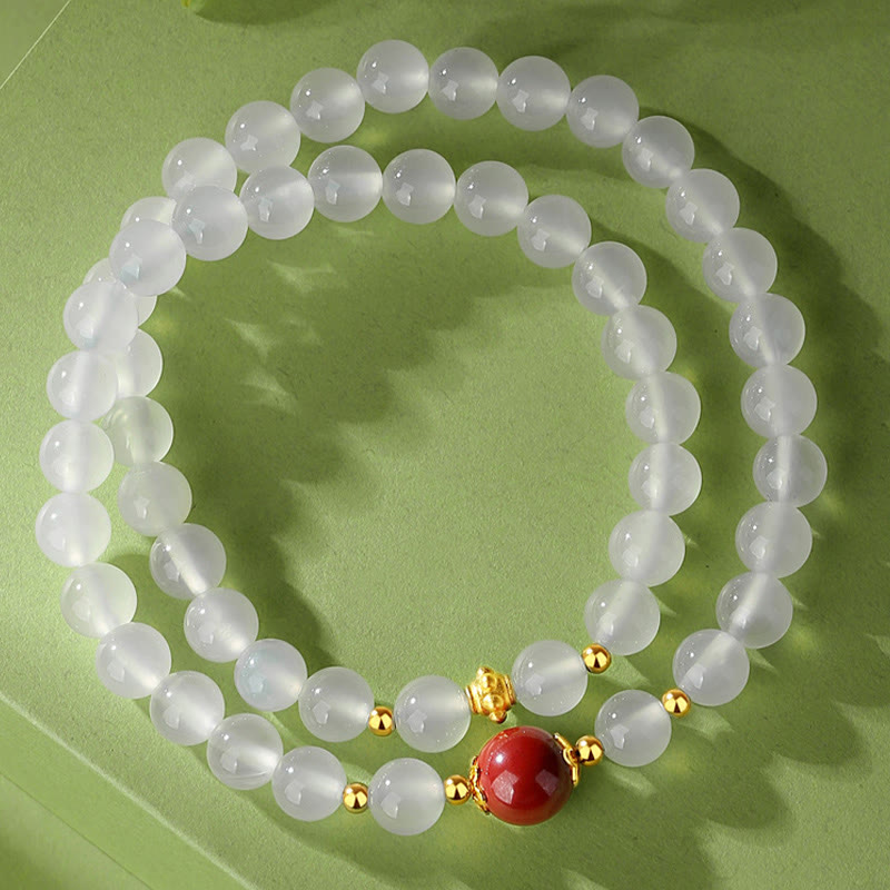 Wear FengShui 925 Sterling Silver Natural White Agate Cinnabar Double Wrap Protection Bracelet