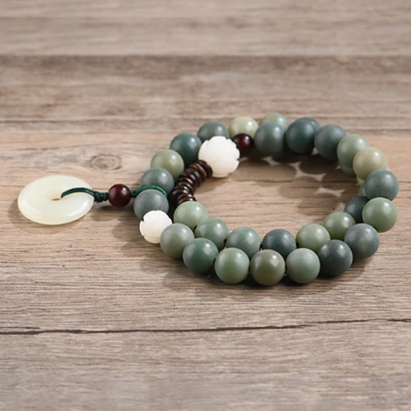 Wear FengShui Cyan Bodhi Seed Lotus Jade Peace Buckle Wisdom Double Wrap Bracelet