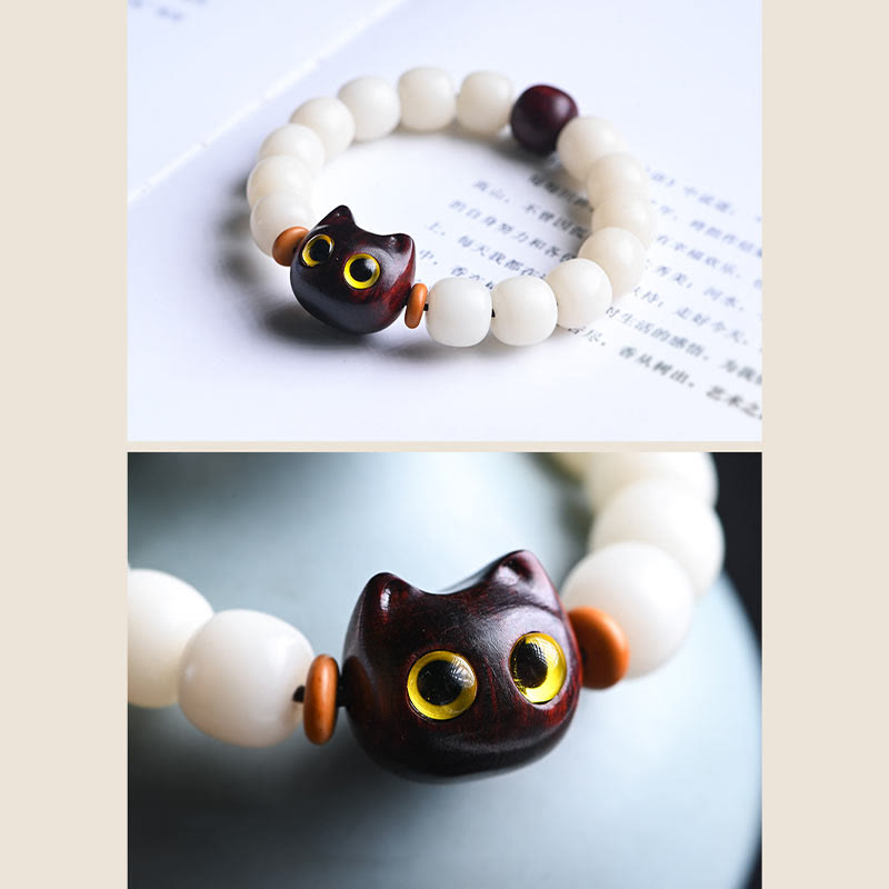 Wear FengShui Natural Bodhi Seed Small Leaf Red Sandalwood Ebony Wood Cute Lucky Cat Wisdom Bracelet