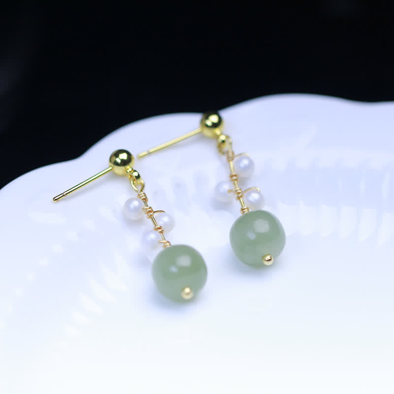 Wear FengShui Hetian Jade Flower Pattern 14K Gold Plated Luck Drop Dangle Earrings