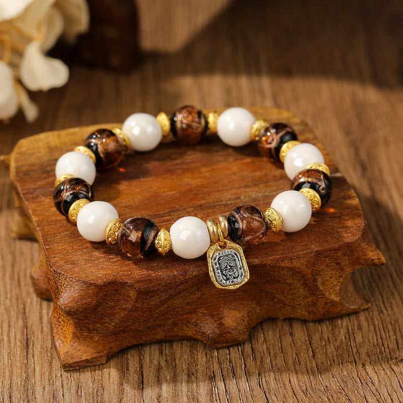Wear FengShui Tibetan Zakiram Goddess of Wealth Charm Liuli Glass Incense Ash Porcelain Bead Protection Bracelet