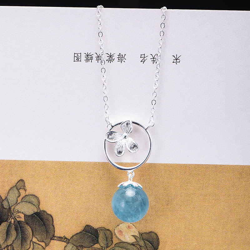 Wear FengShui 925 Sterling Silver Natural Aquamarine Leaf Flower Peace Earrings Necklace