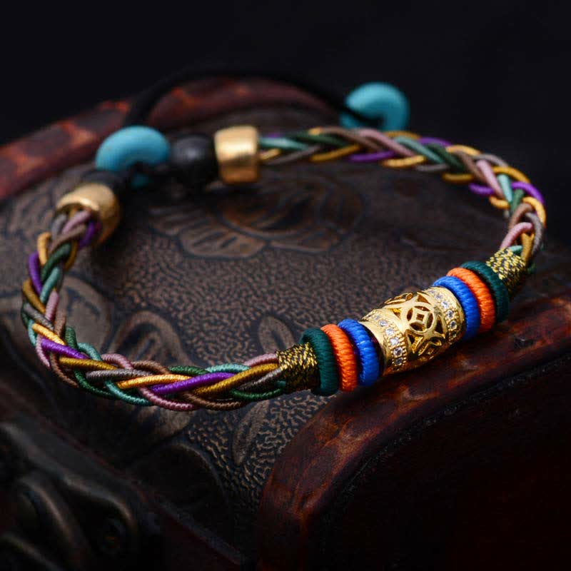 Wear FengShui Tibetan Handmade Eight Thread Knot Copper Coin Luck Weave String Bracelet