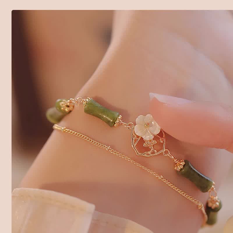 Wear FengShui 14k Gold Plated Copper Peridot Bamboo Flower Wealth Double Layer Bracelet