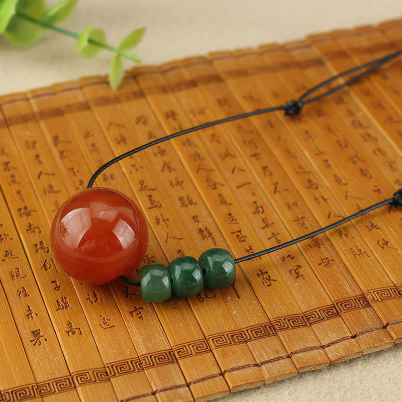Wear FengShui Red Agate Green Aventurine Green Bodhi Seed Bead Calm Leather Rope Necklace Pendant