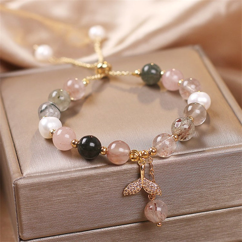 Wear FengShui Strawberry Quartz Rutilated Quartz Fishtail Charm Healing Bracelet
