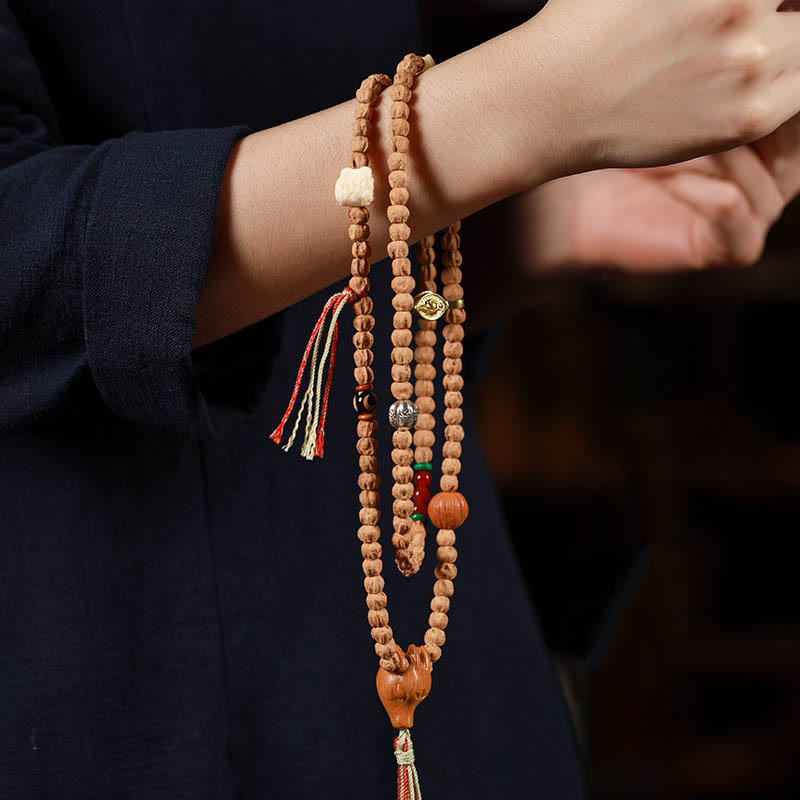 Wear FengShui 108 Beads Bodhi Seed Red Agate Deer Head Wisdom Mala Bracelet